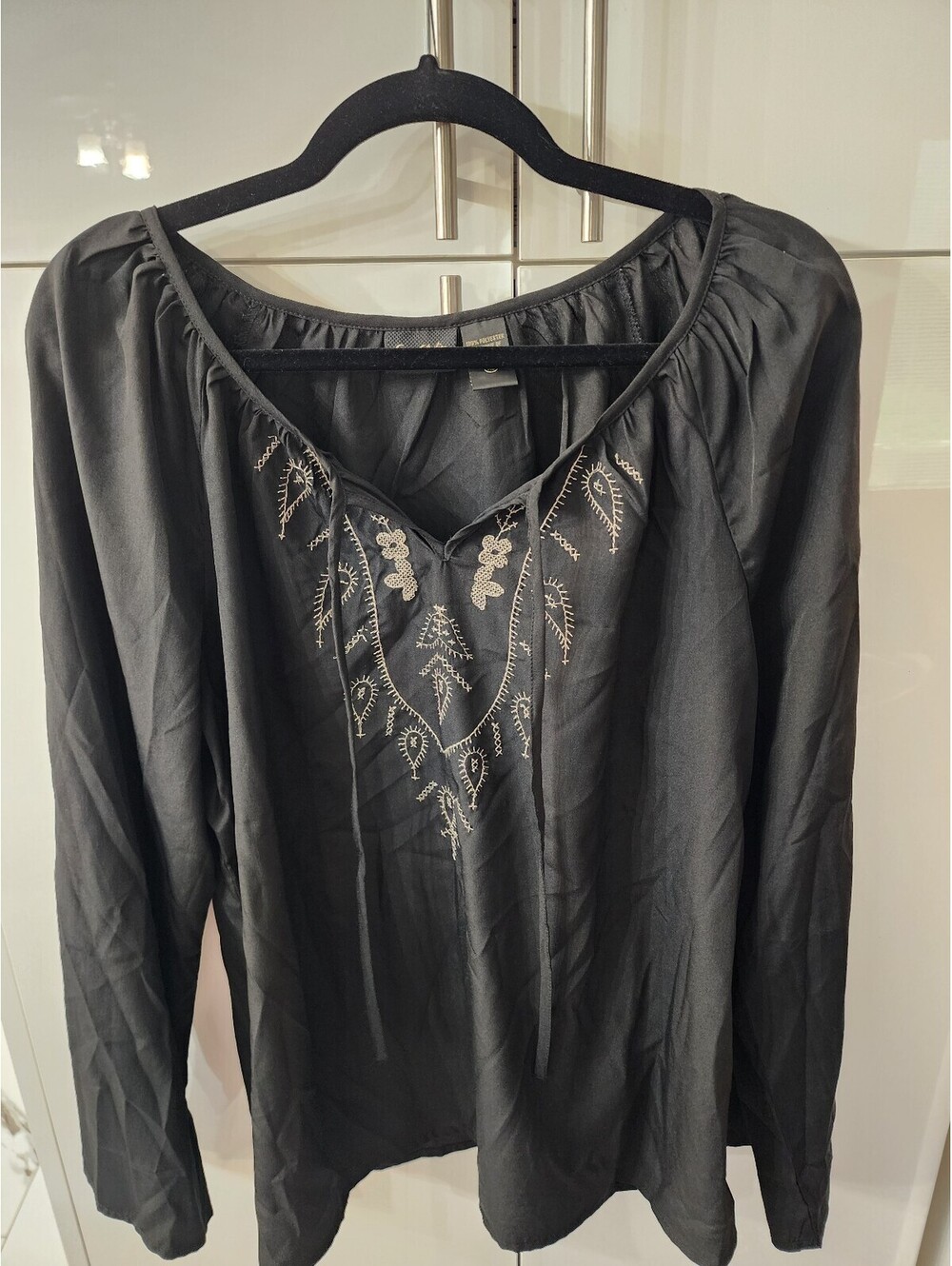 Sara Studio Black Long Sleeve Embroidered Blouse Size XL Polyester